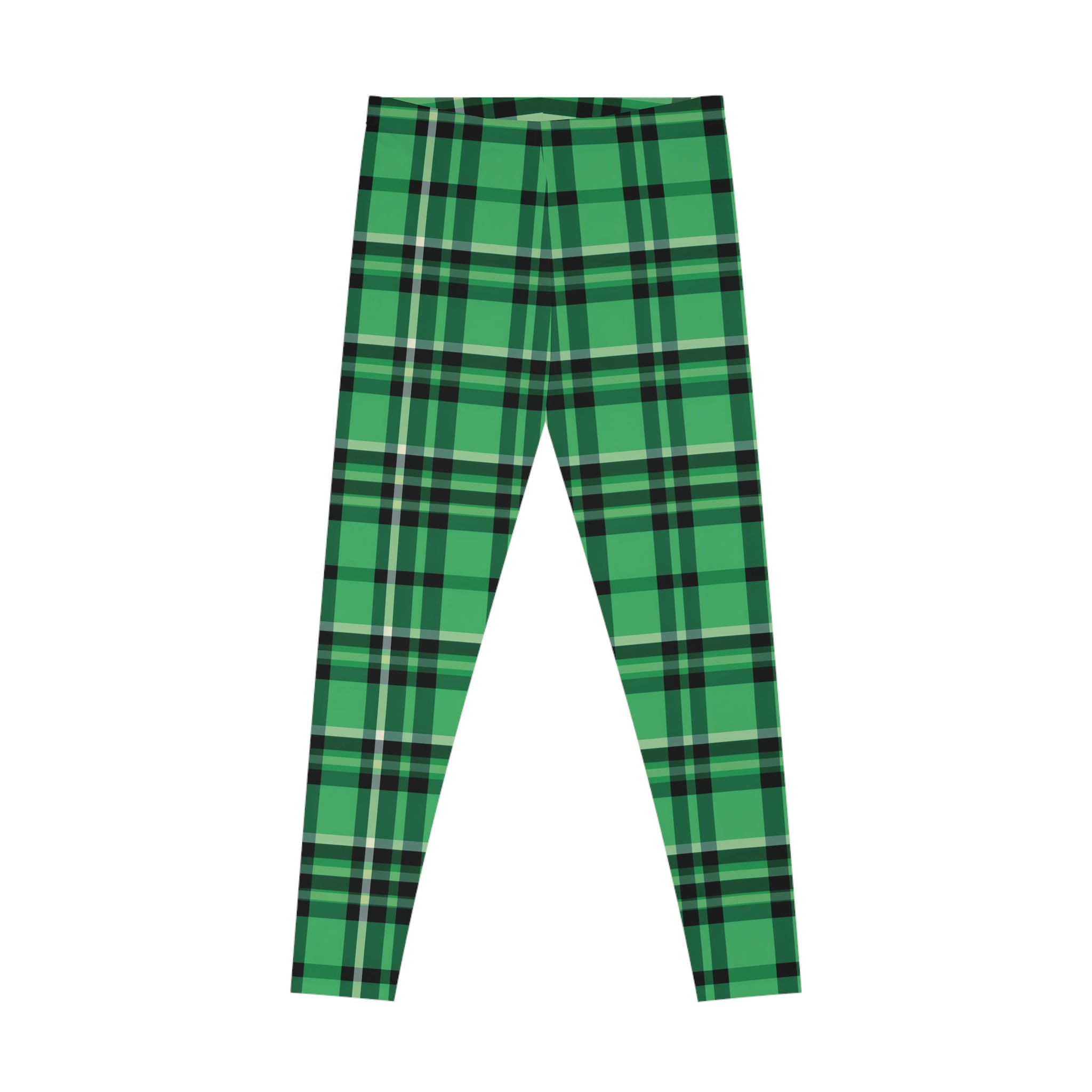 Women's Stretchy Leggings - Green and Black Plaid