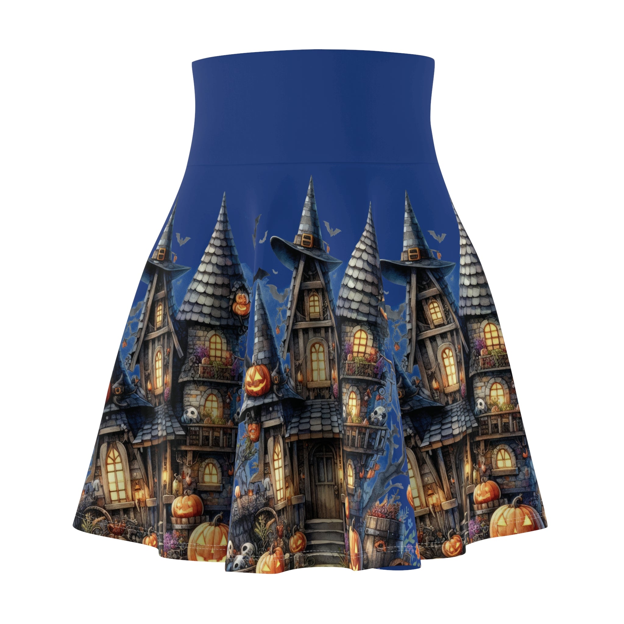 Spooky Chic Haunted House Asymmetrical Skater Style Skirt, Fun Halloween Skirt