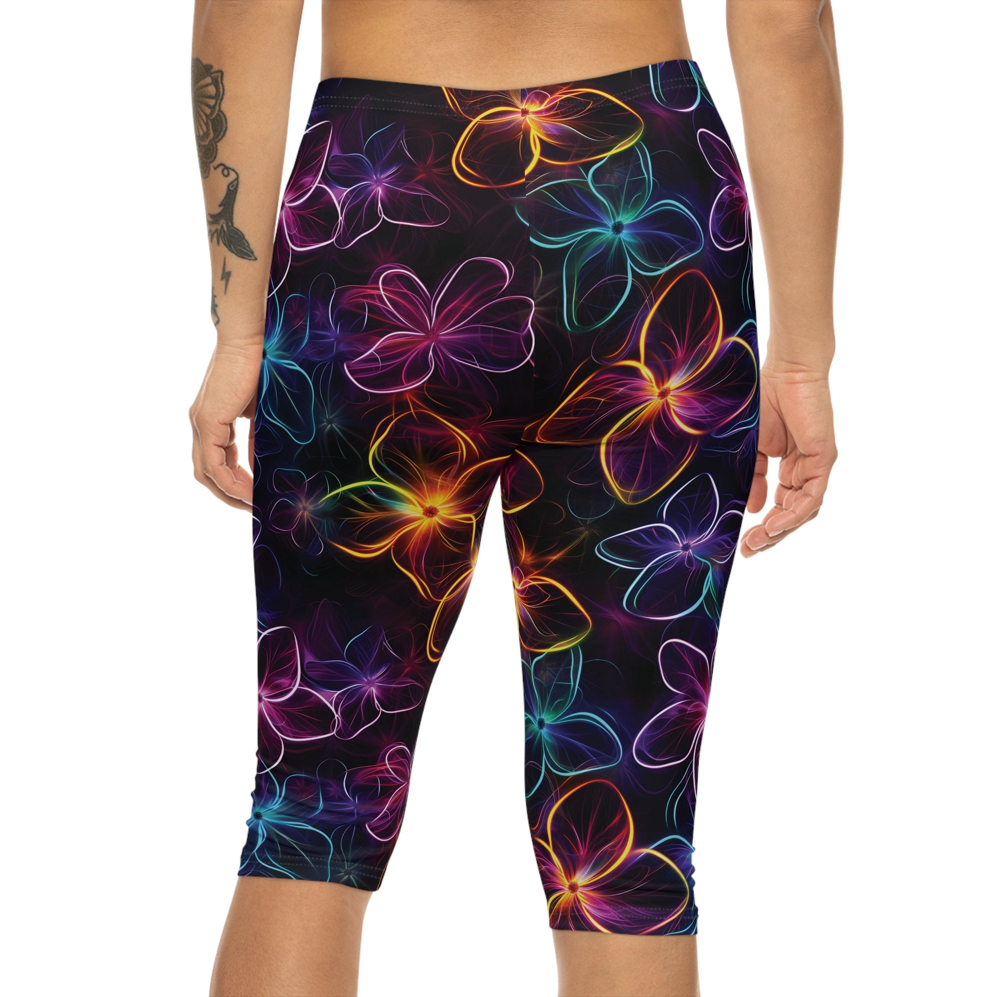 Womens Capri Leggings - Neon Flowers