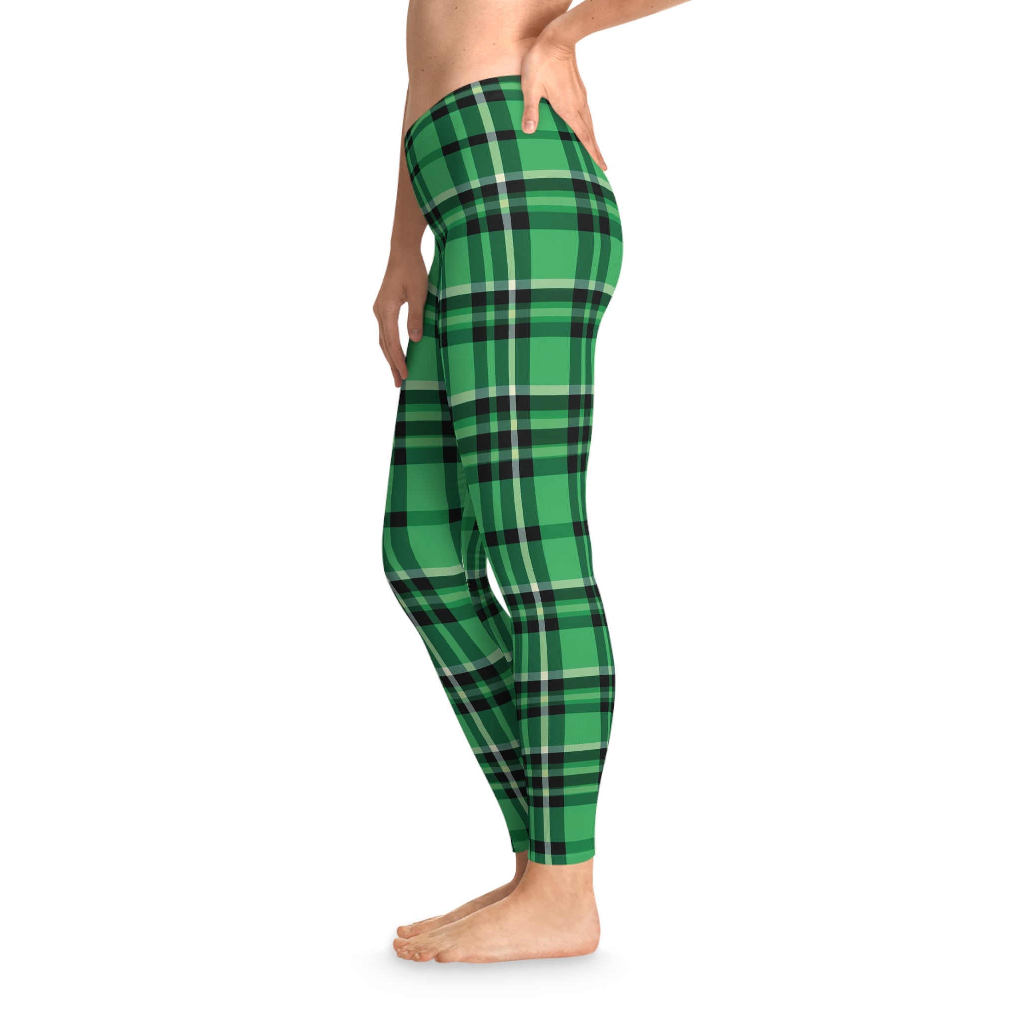 Women's Stretchy Leggings - Green and Black Plaid