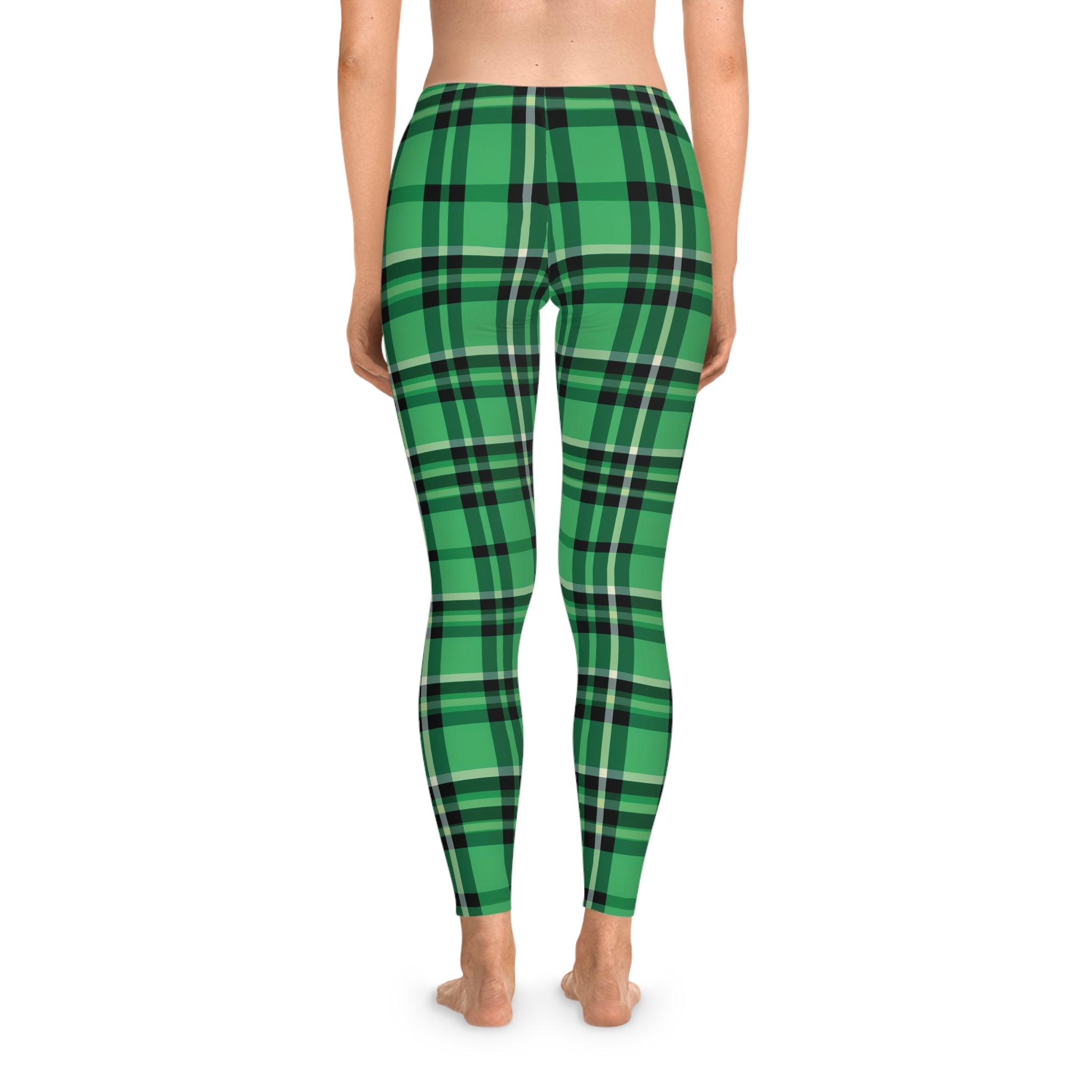Women's Stretchy Leggings - Green and Black Plaid