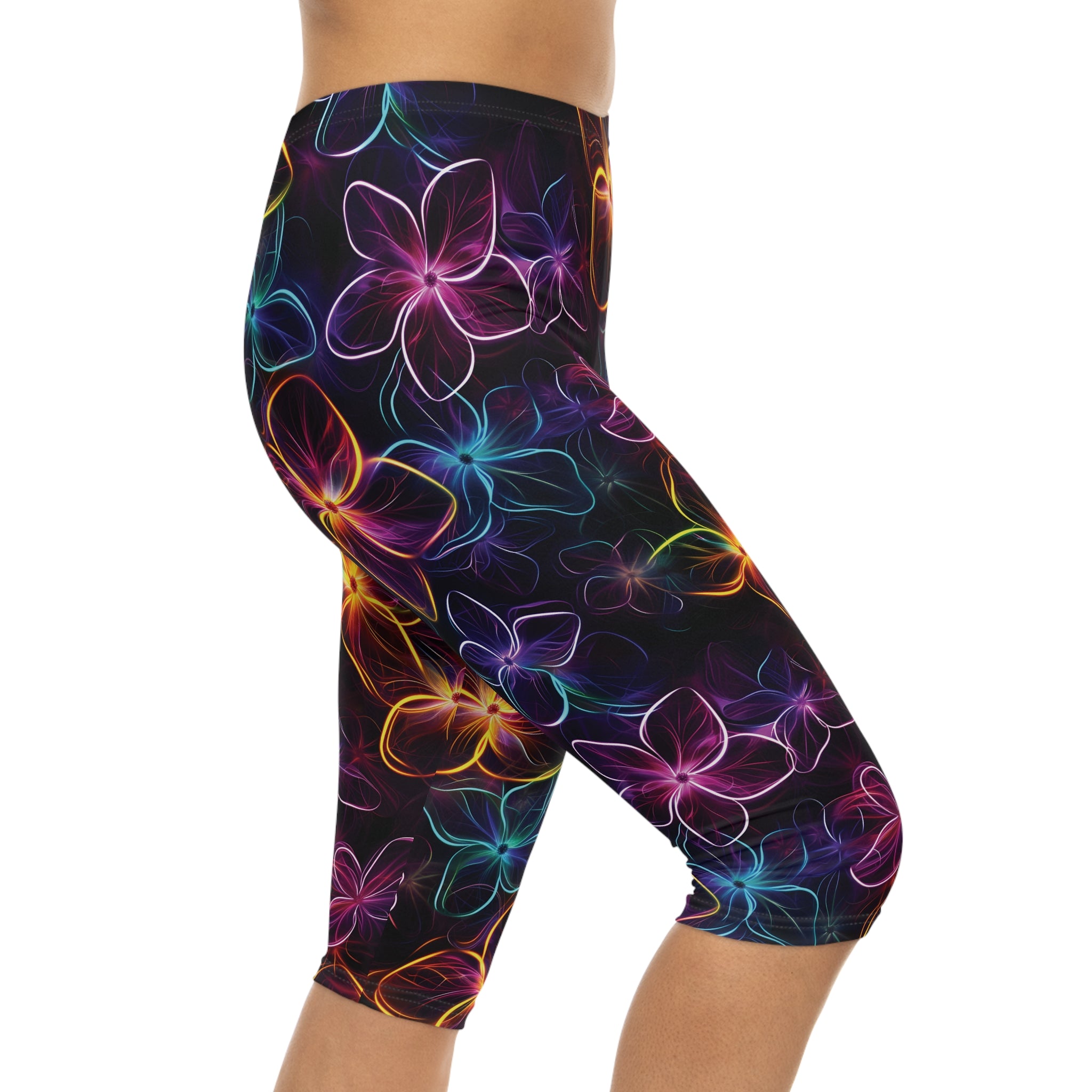 Womens Capri Leggings - Neon Flowers