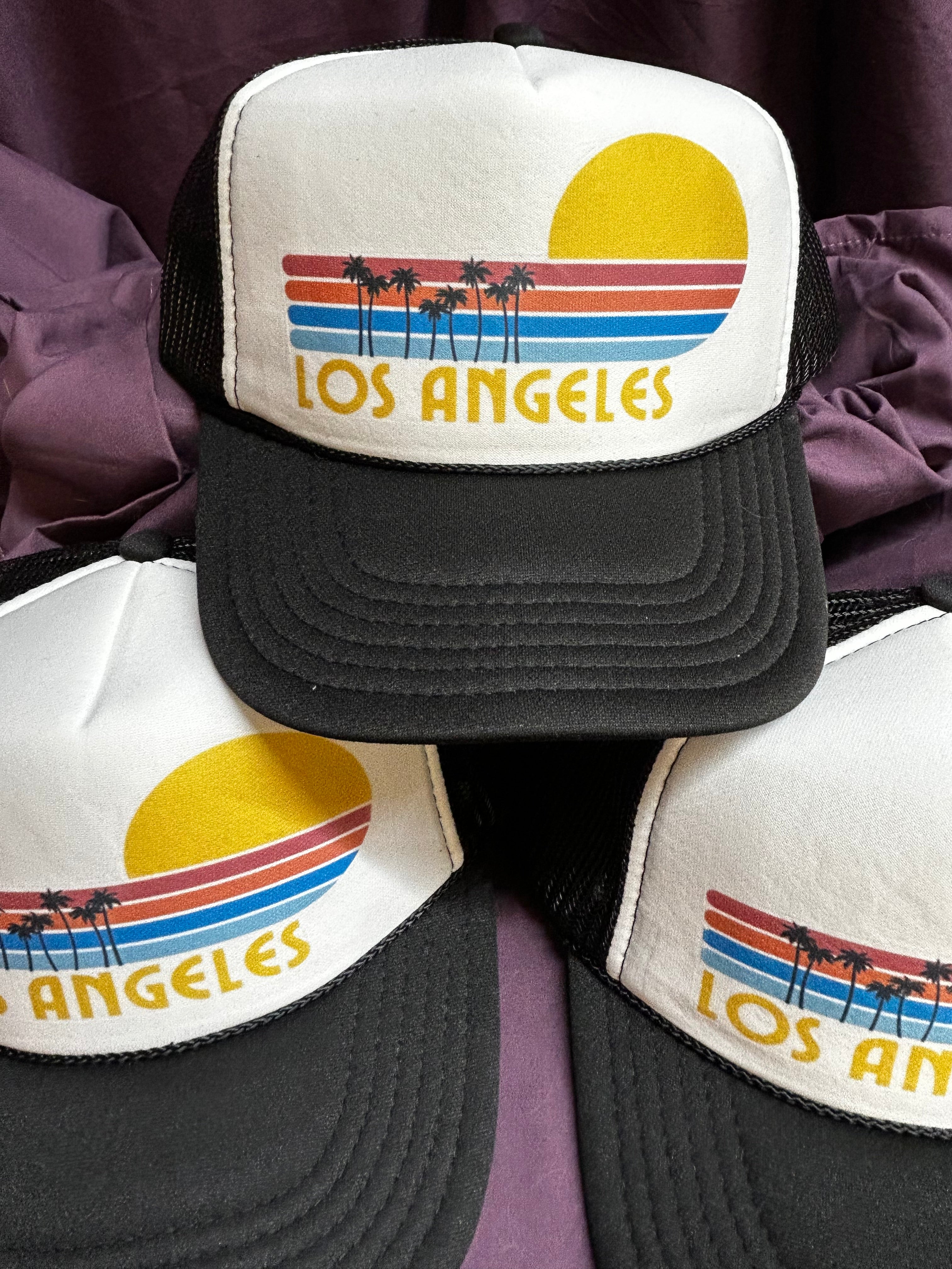 Trucker Hats for LA: Retro Sunset Palms