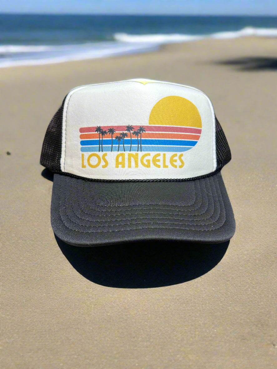 Trucker Hats for LA: Retro Sunset Palms