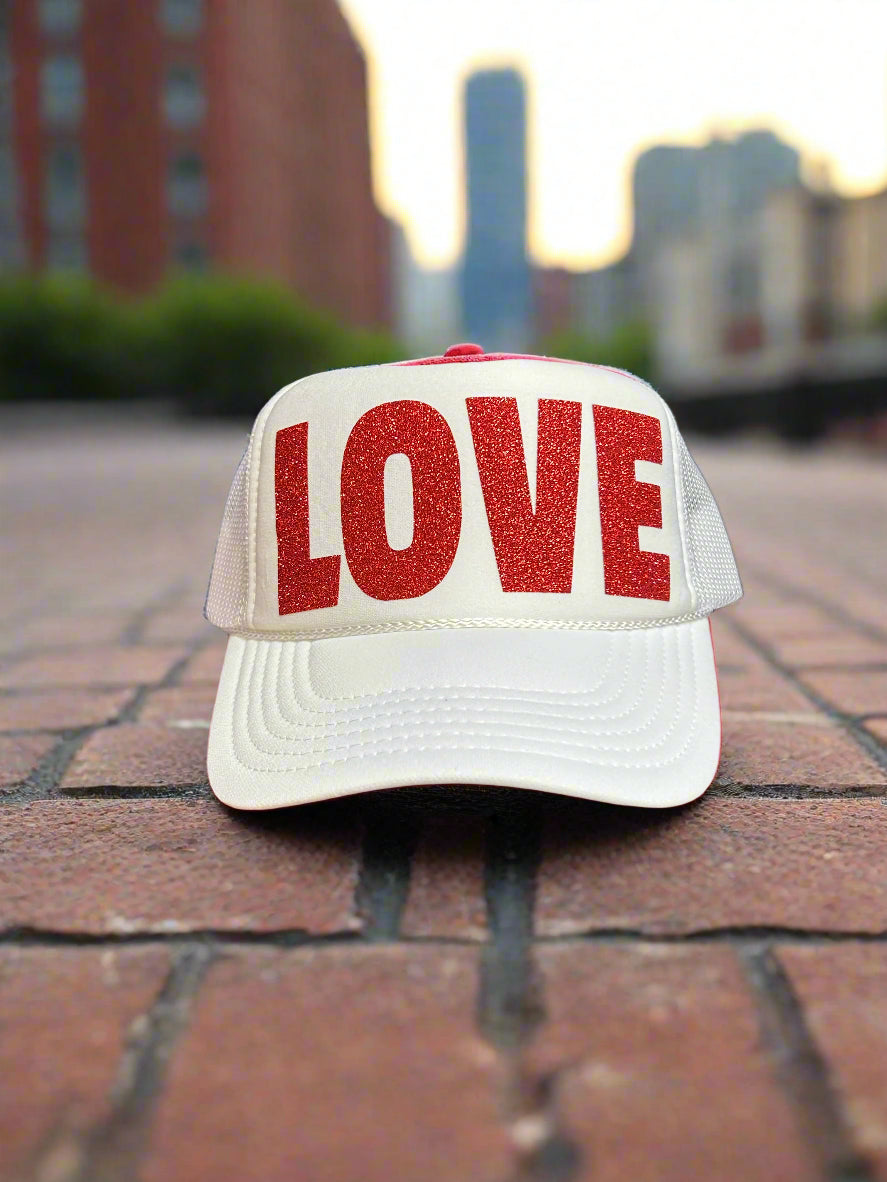 Love is in the Air: Bold Glittery Red LOVE Adjustable Mesh Trucker Hat