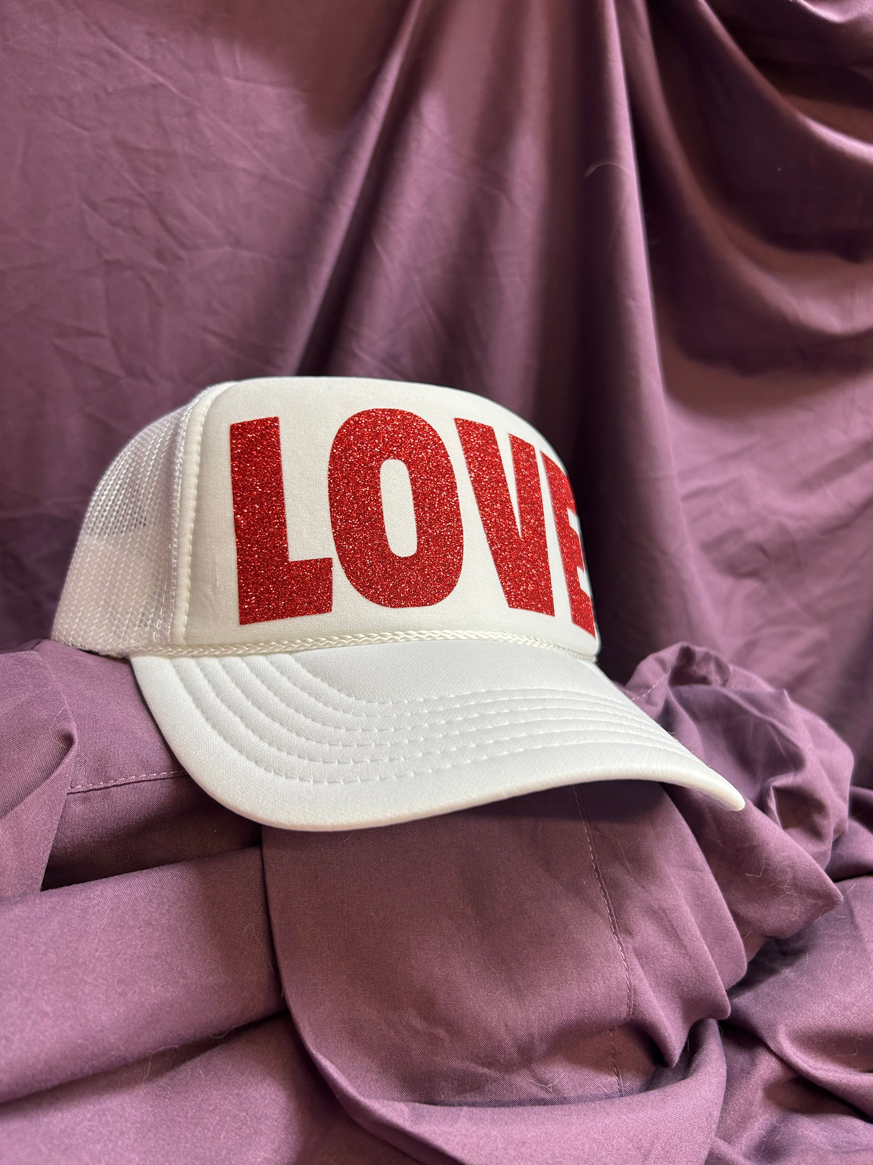 Love is in the Air: Bold Glittery Red LOVE Adjustable Mesh Trucker Hat