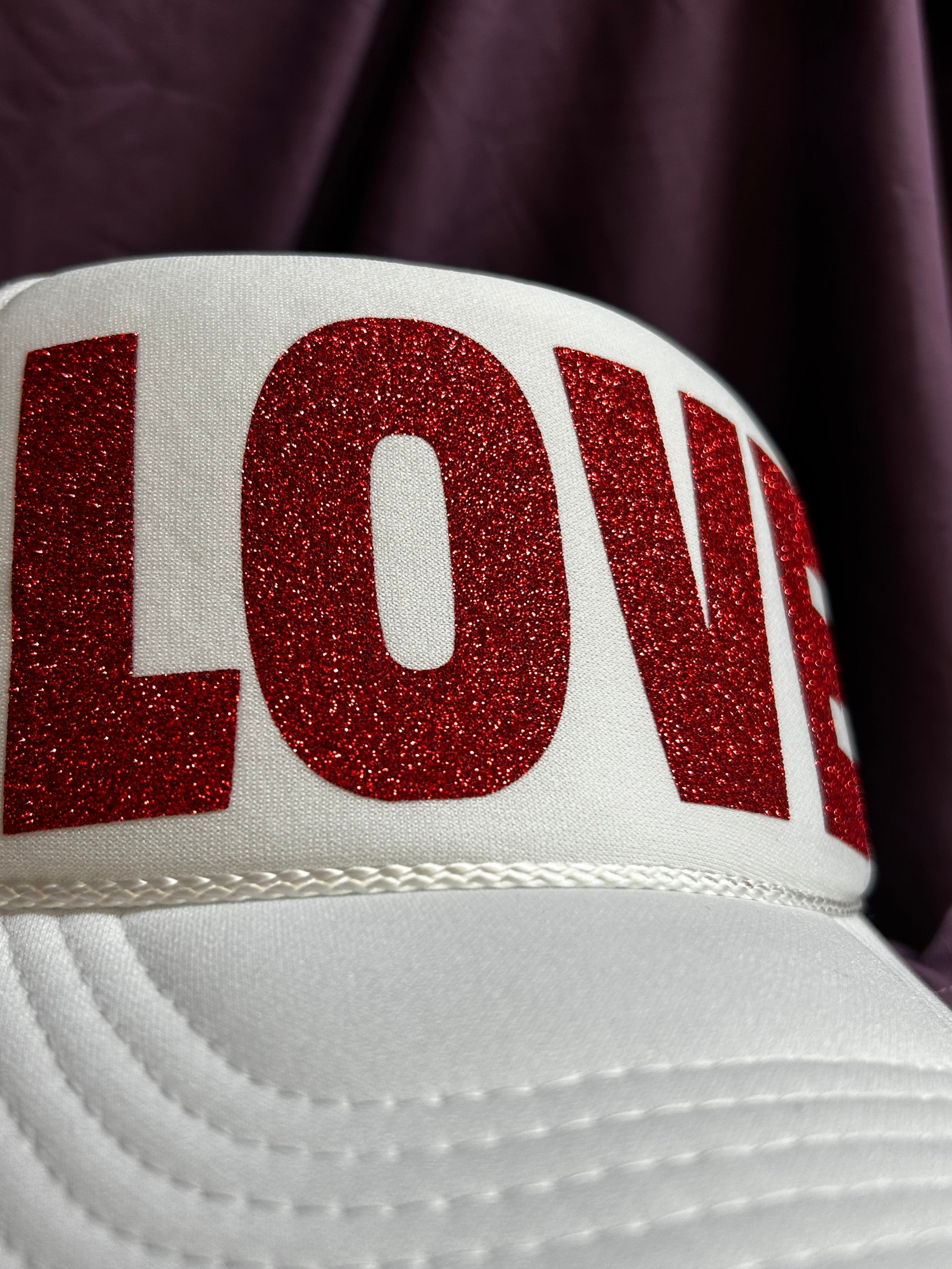 Love is in the Air: Bold Glittery Red LOVE Adjustable Mesh Trucker Hat