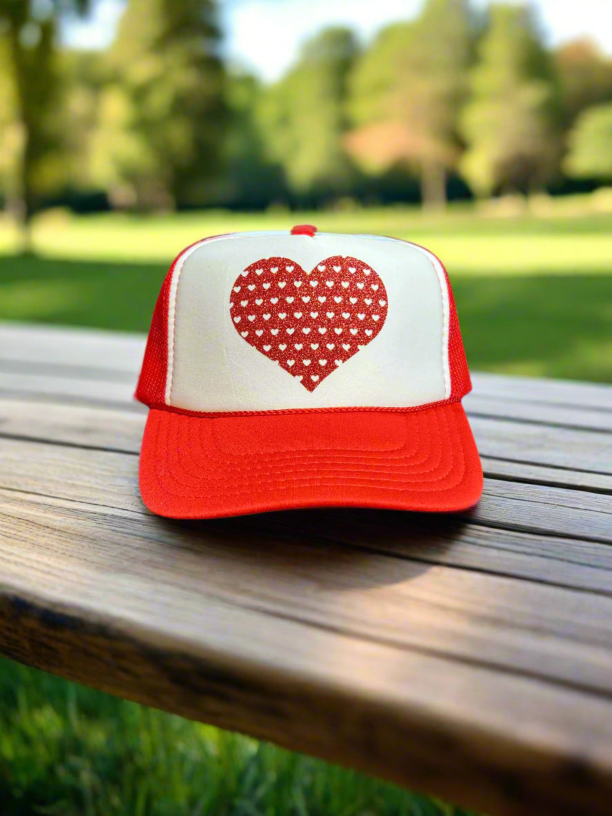 mesh adjustable trucker hat, valentines day heart hat, glitter heart hat, mesh hearts, valentines day gift, love gift, wedding, bride, bridesmaid, bridal party, love, happy bachelorette