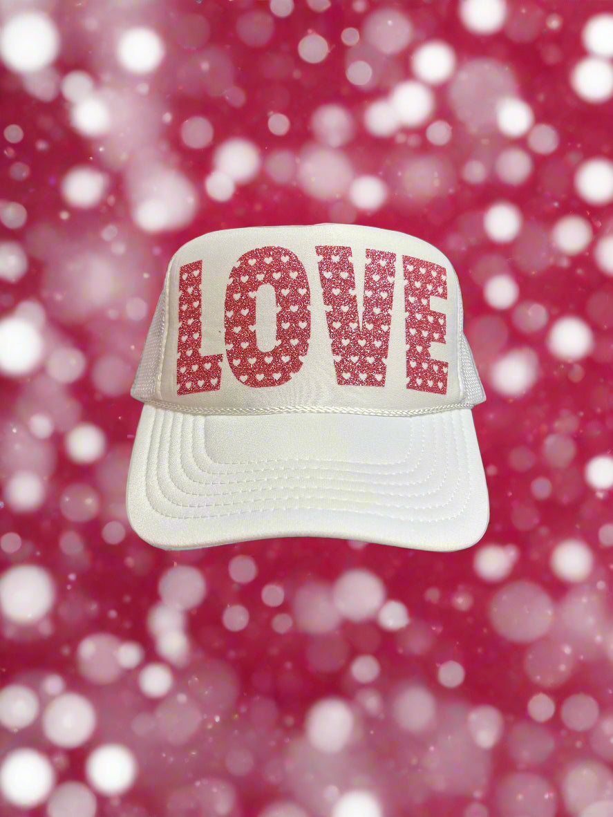 Love is in the Air: Bold Glittery Pink LOVE Adjustable Mesh Trucker Hat