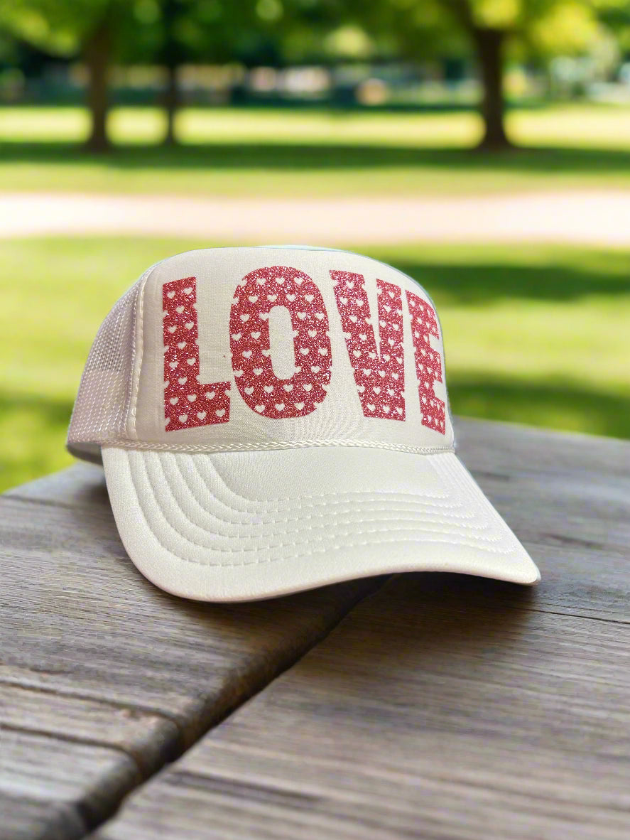 Love is in the Air: Bold Glittery Pink LOVE Adjustable Mesh Trucker Hat