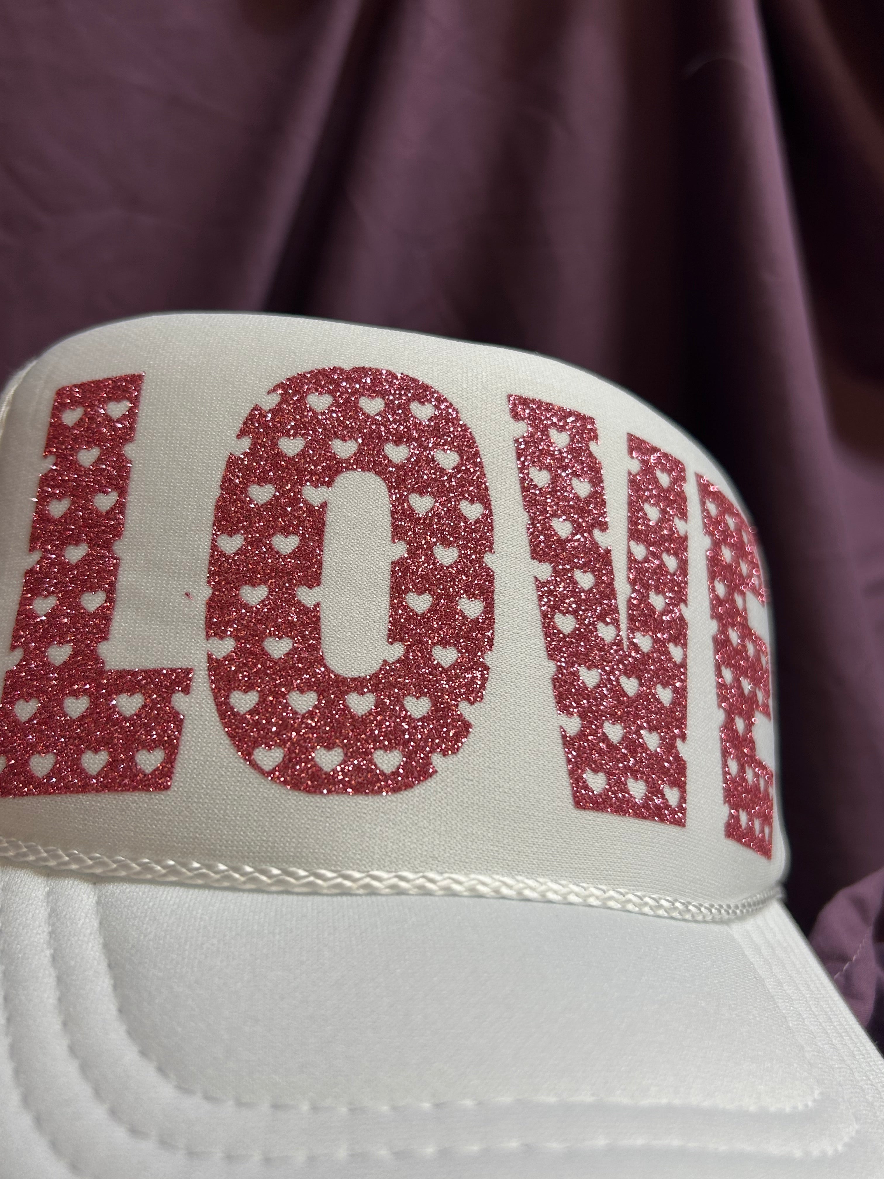 Love is in the Air: Bold Glittery Pink LOVE Adjustable Mesh Trucker Hat