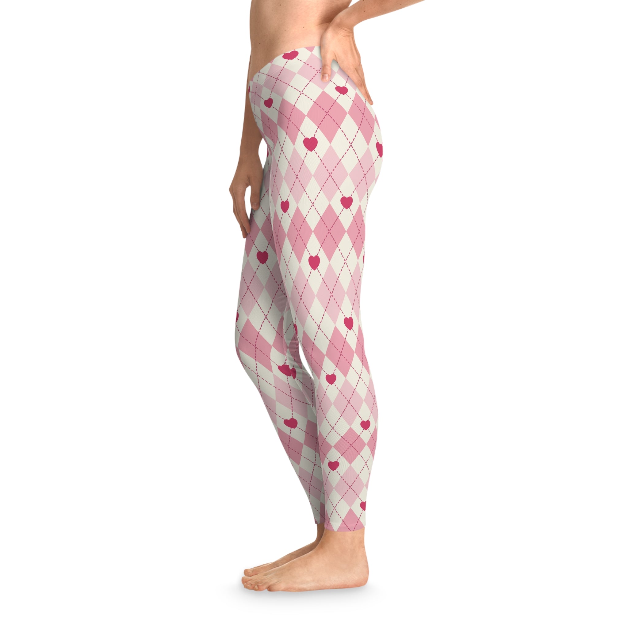 Women's Stretchy Leggings - Pink Diamonds and Red Hearts