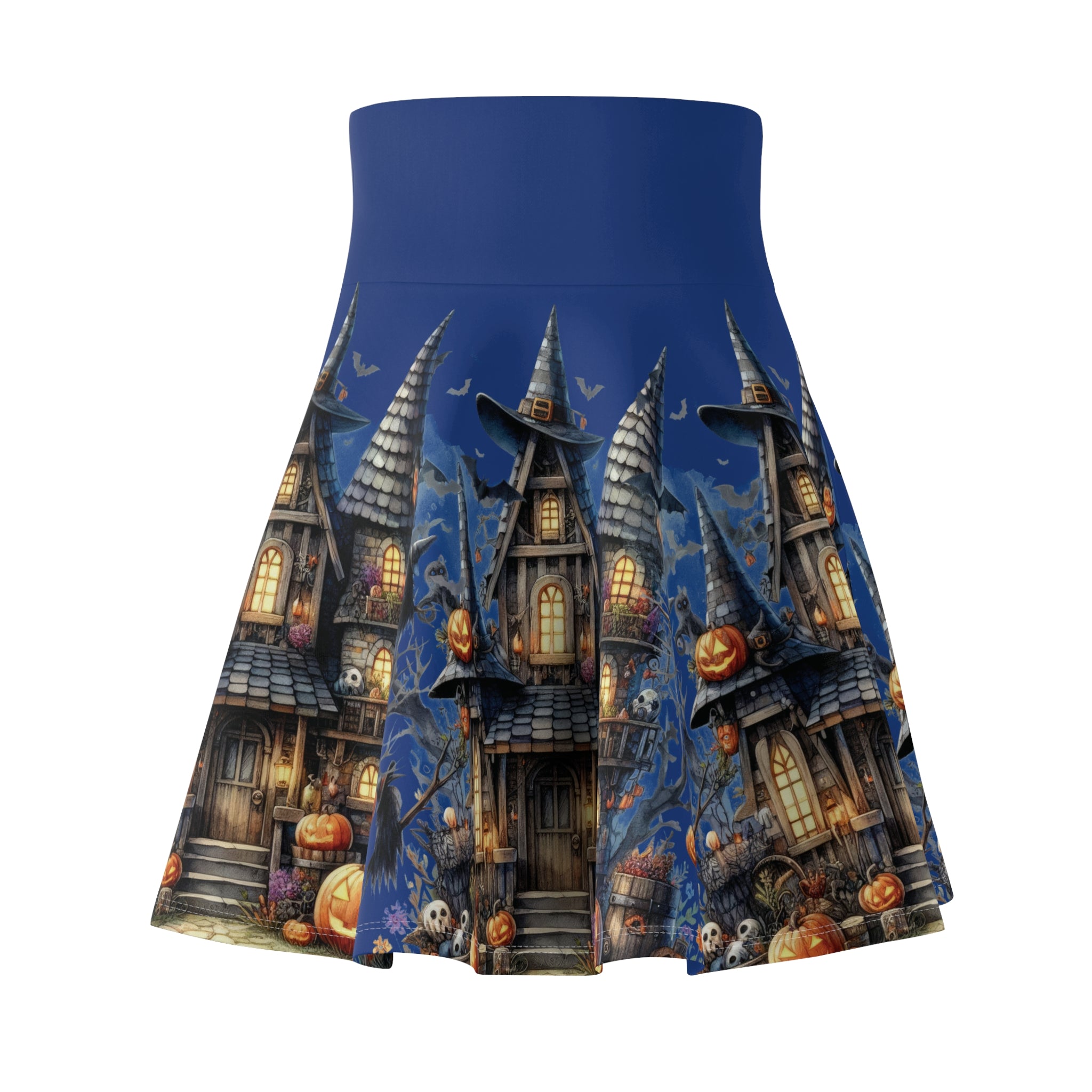 Spooky Chic Haunted House Asymmetrical Skater Style Skirt, Fun Halloween Skirt