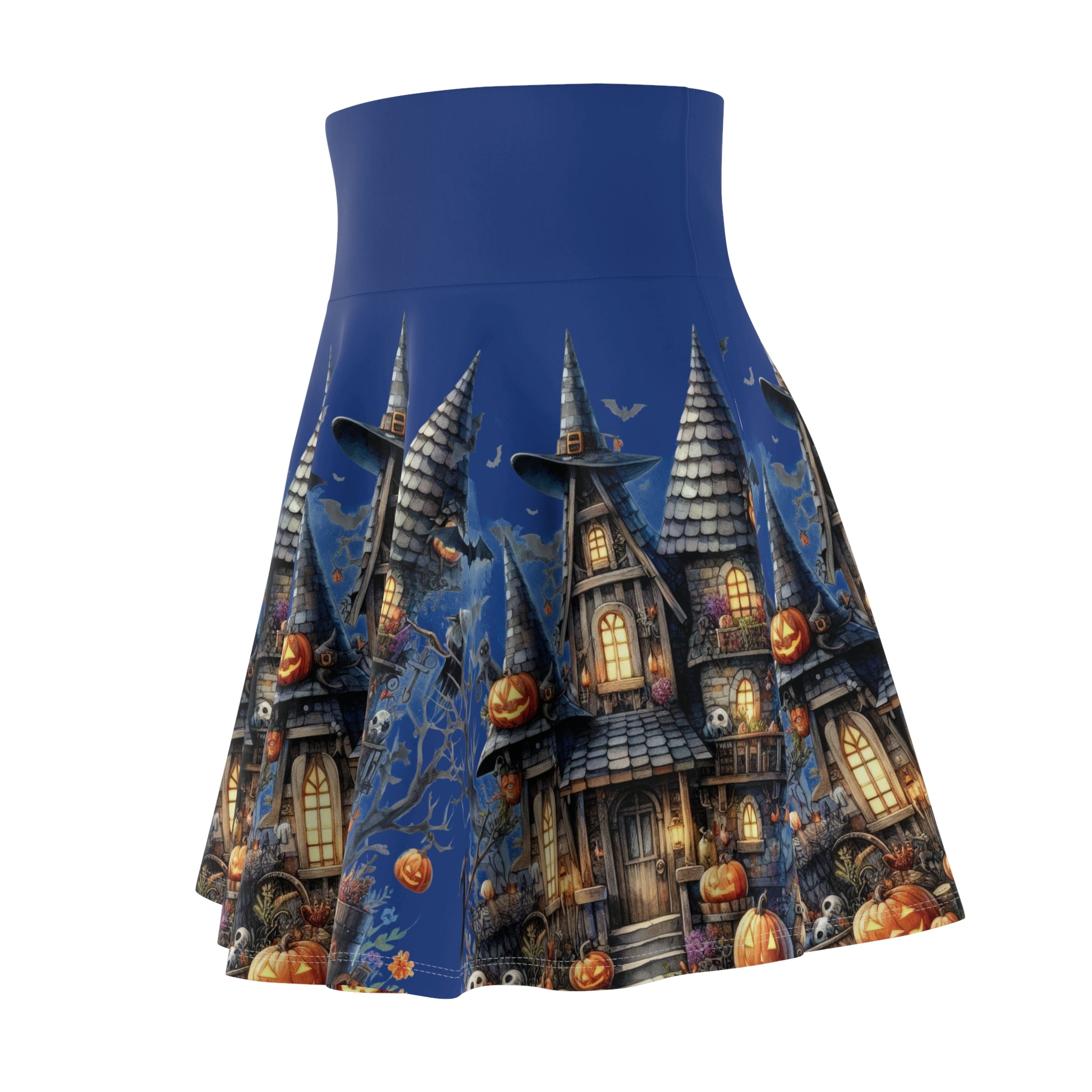 Spooky Chic Haunted House Asymmetrical Skater Style Skirt, Fun Halloween Skirt