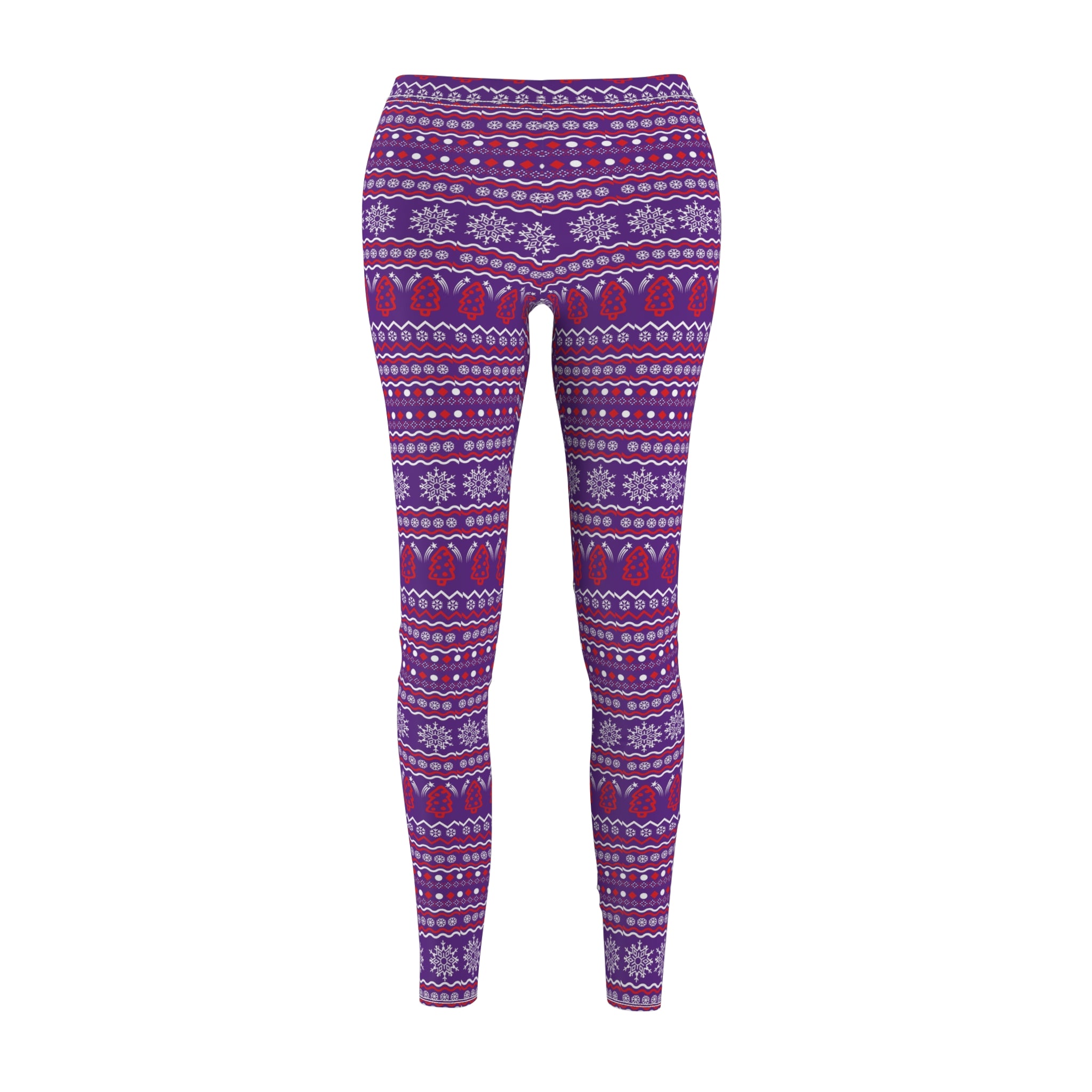 Festive Holiday Leggings - Bright Purple with Vintage Christmas Sweater Pattern