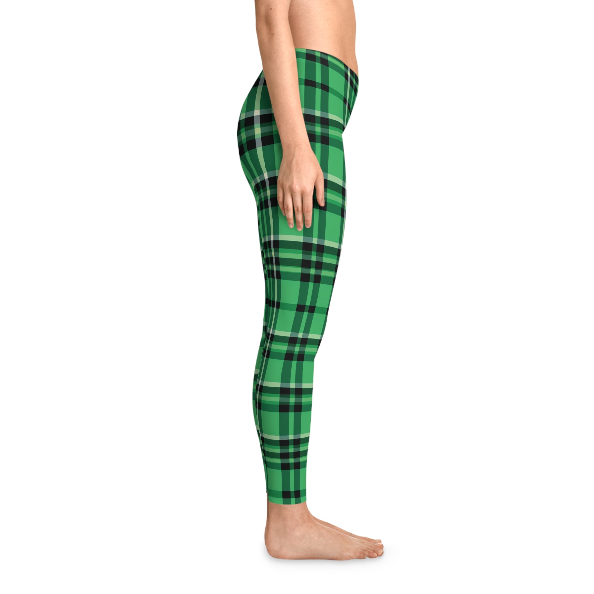 Women's Stretchy Leggings - Green and Black Plaid