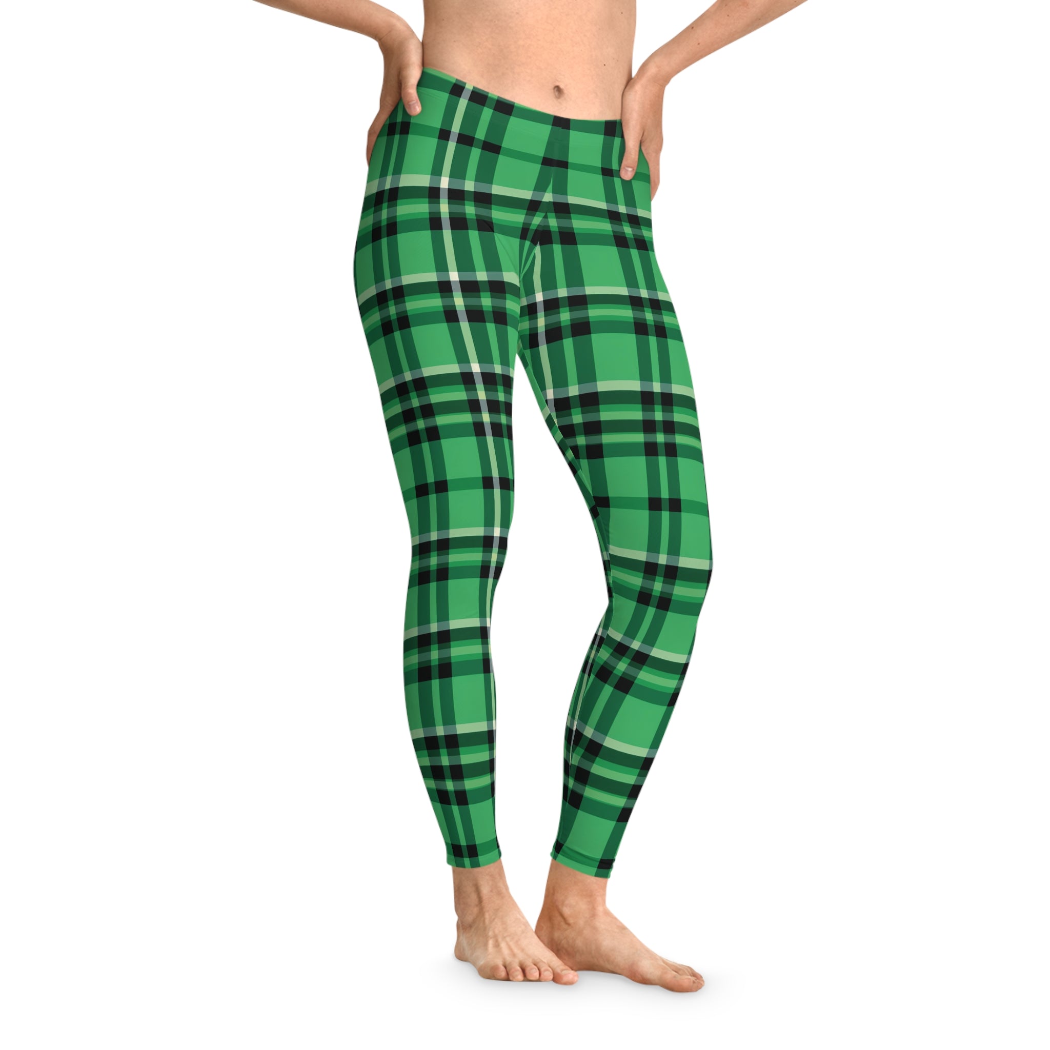 Women's Stretchy Leggings - Green and Black Plaid