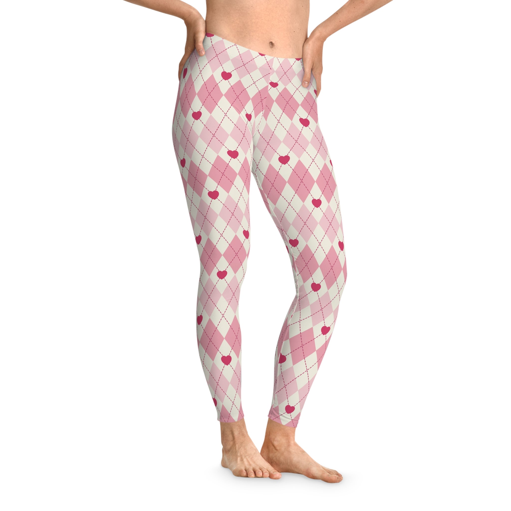 Women's Stretchy Leggings - Pink Diamonds and Red Hearts