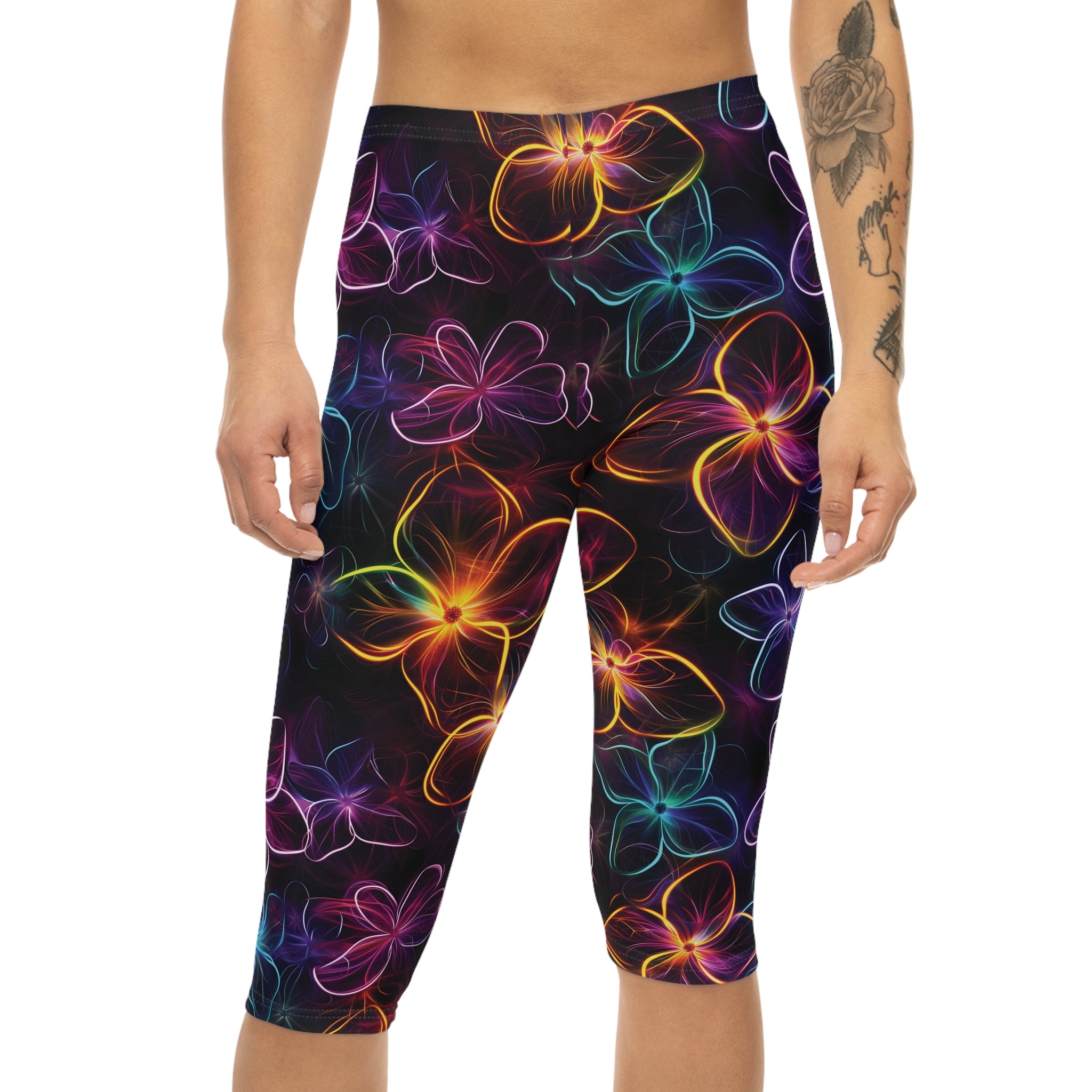 Womens Capri Leggings - Neon Flowers