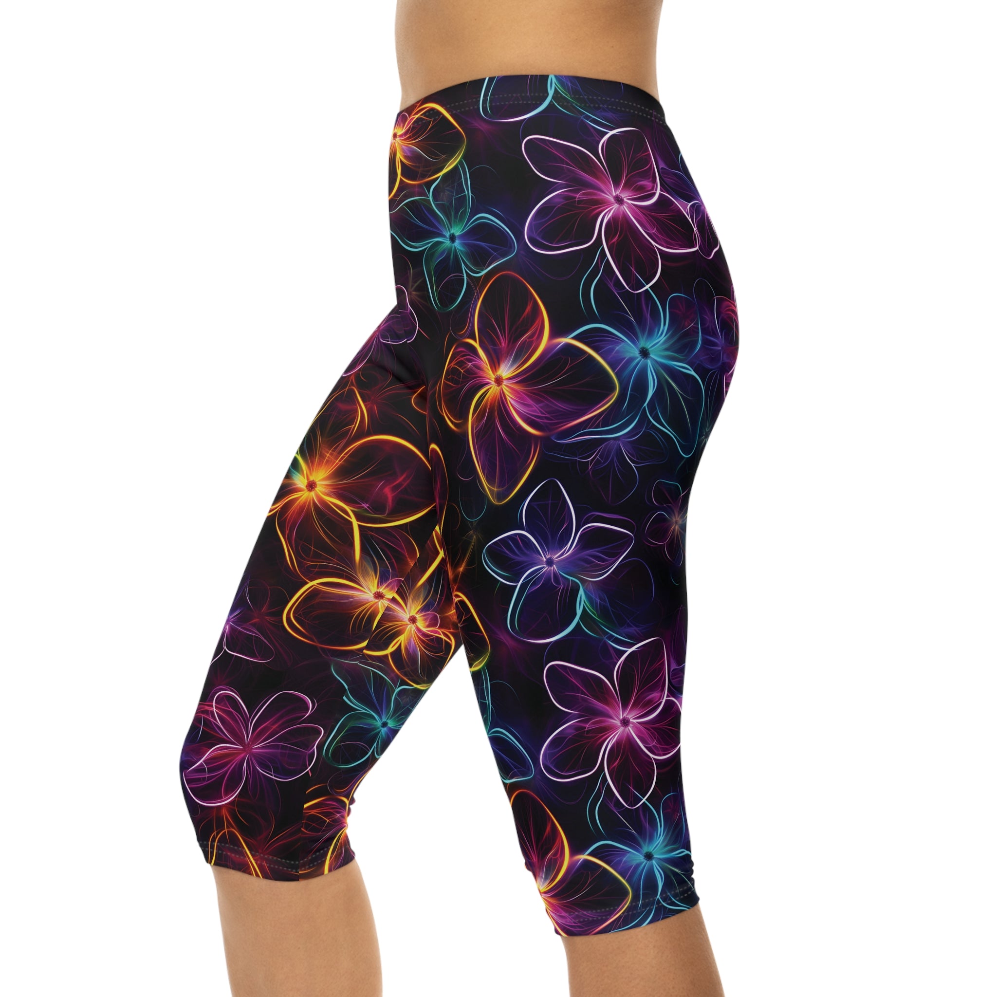 Womens Capri Leggings - Neon Flowers