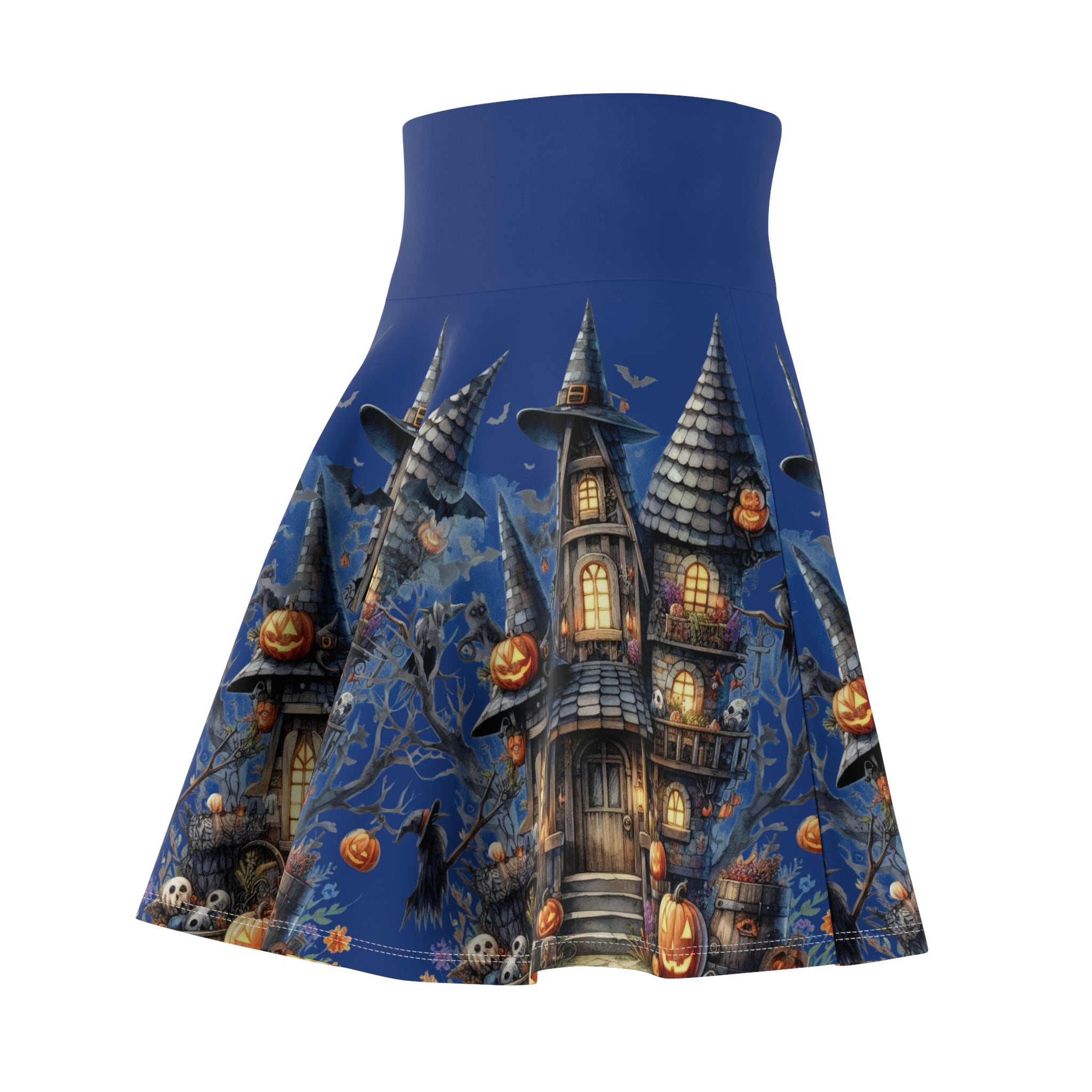 Spooky Chic Haunted House Asymmetrical Skater Style Skirt, Fun Halloween Skirt