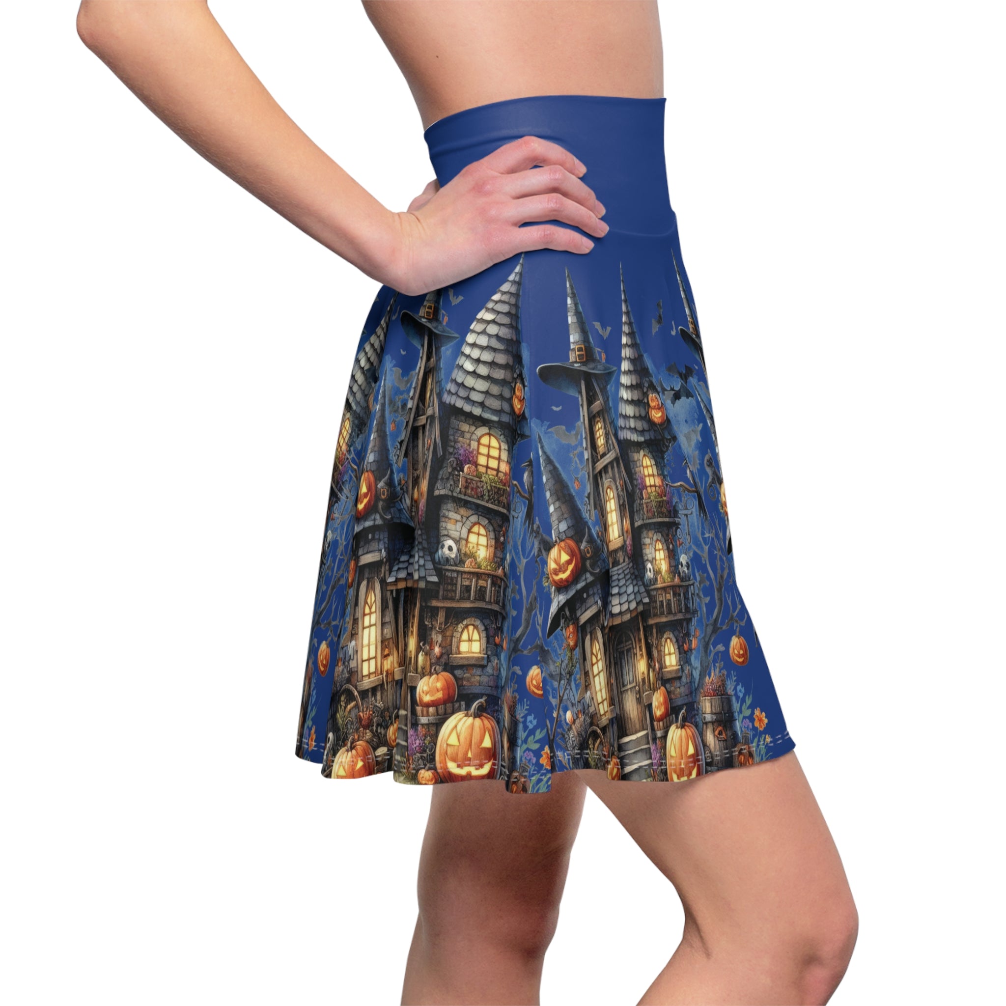 Spooky Chic Haunted House Asymmetrical Skater Style Skirt, Fun Halloween Skirt