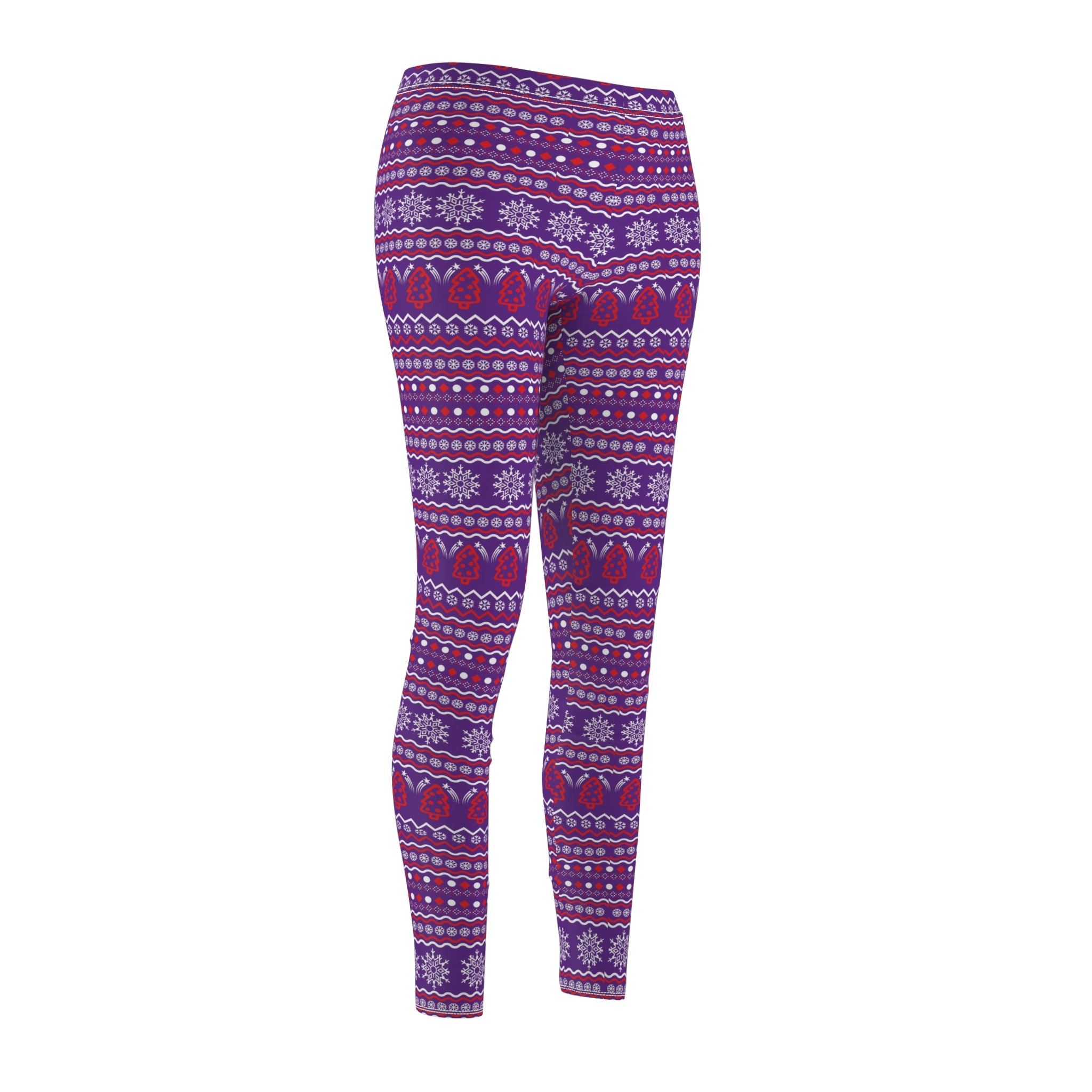 Festive Holiday Leggings - Bright Purple with Vintage Christmas Sweater Pattern