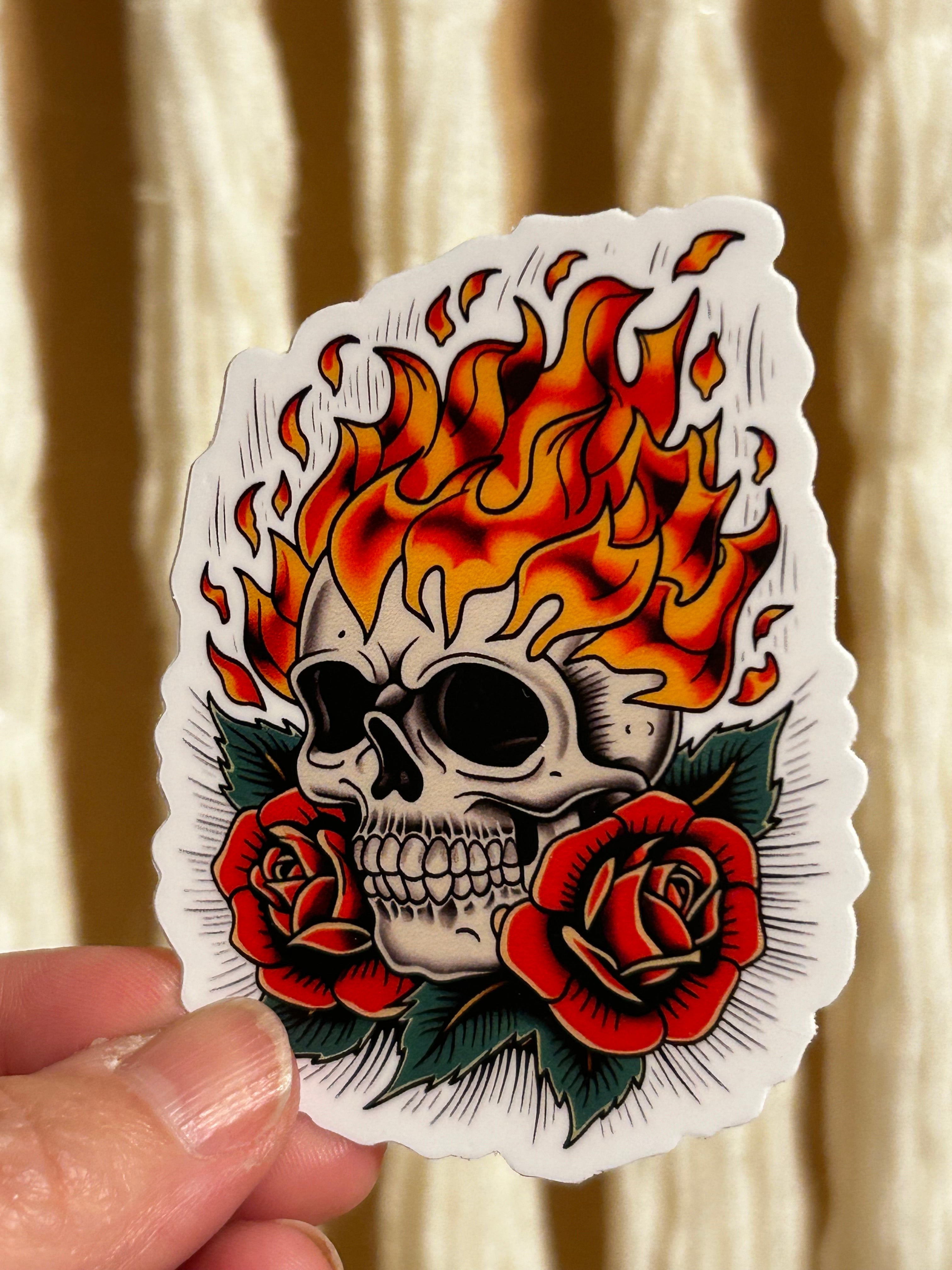 Flaming Skull & Roses Tattoo Art Style Waterproof Vinyl Sticker