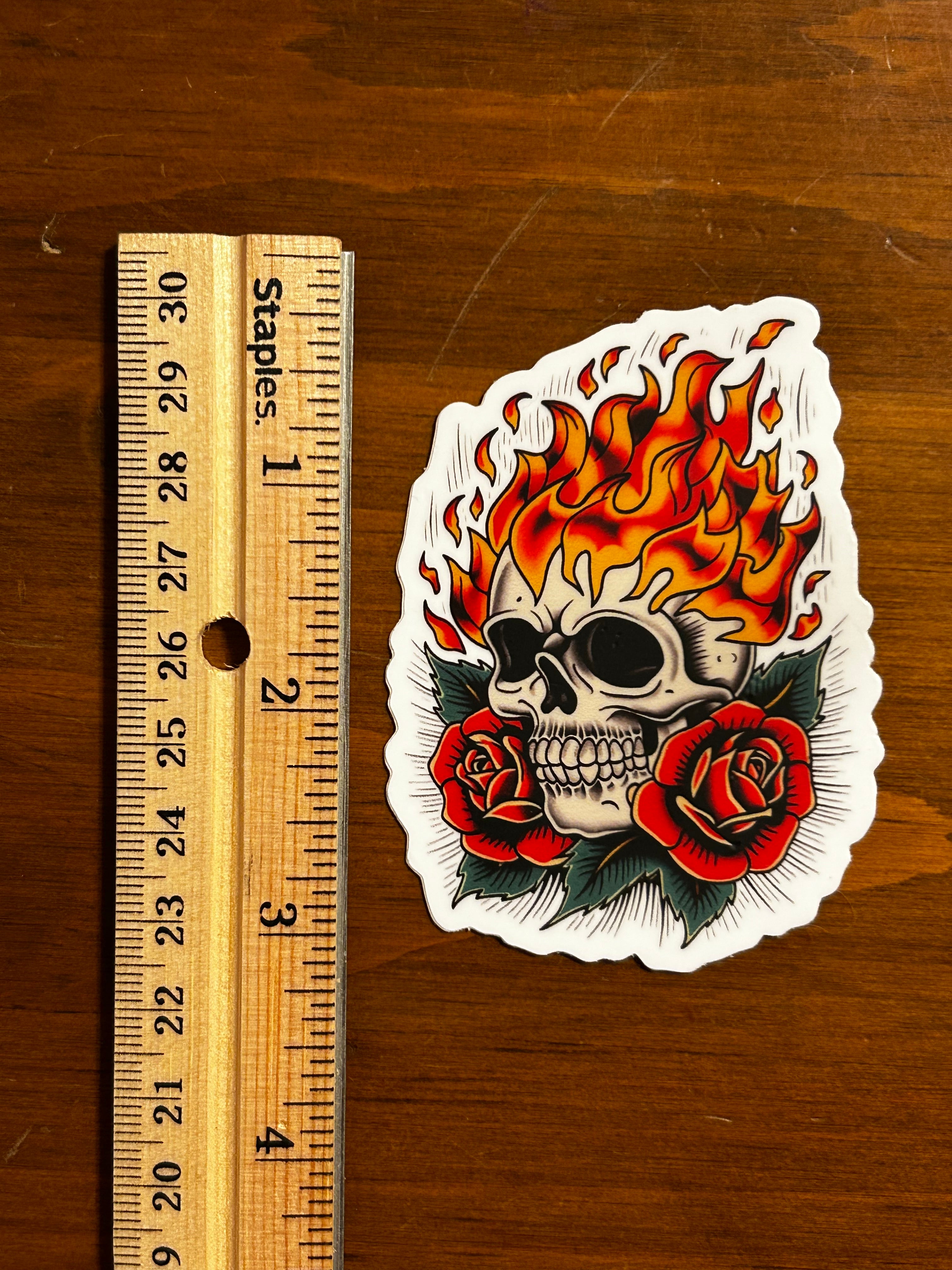 Flaming Skull & Roses Tattoo Art Style Waterproof Vinyl Sticker