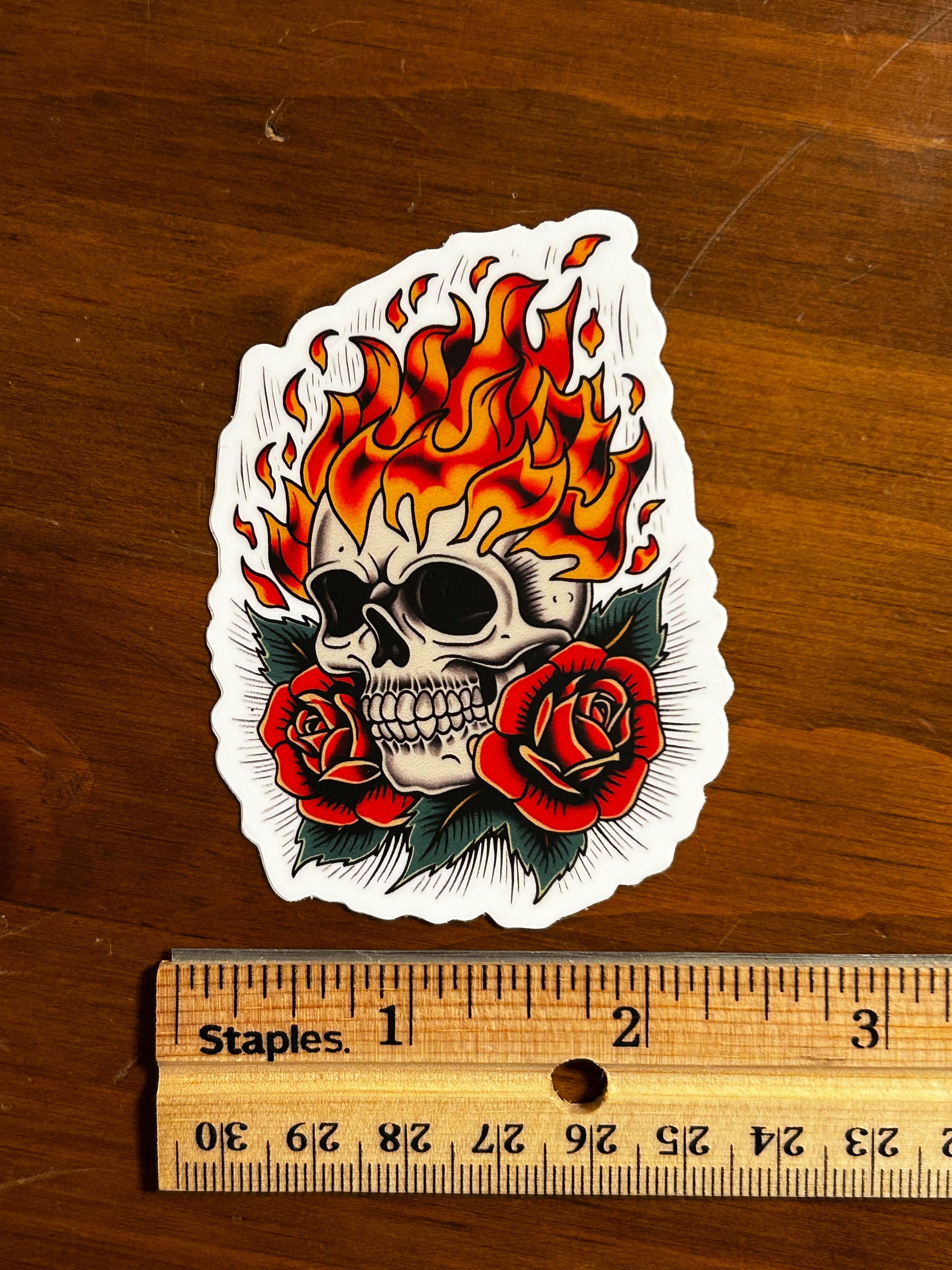 Flaming Skull & Roses Tattoo Art Style Waterproof Vinyl Sticker